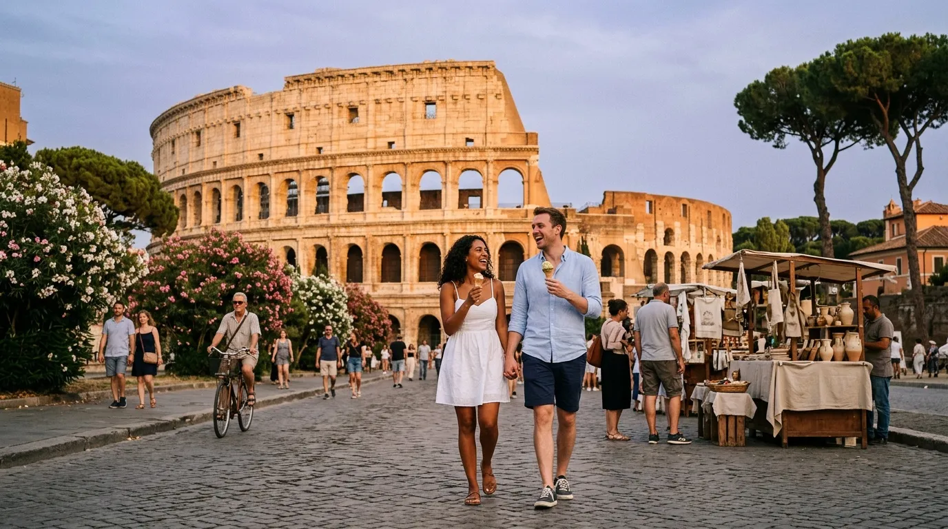 Couple en visite devant le Colisée de Rome